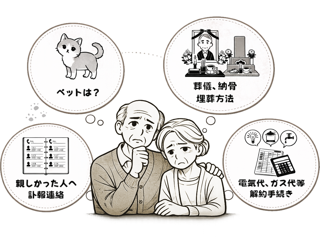 死後事務・連絡・手続きなどの不安を表すイラスト